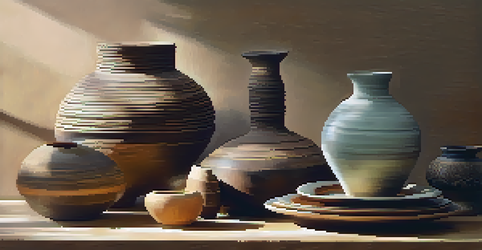 An arrangement of handmade pottery including a coil-built vase and a slab-constructed plate on a wooden table, illuminated by soft sunlight.