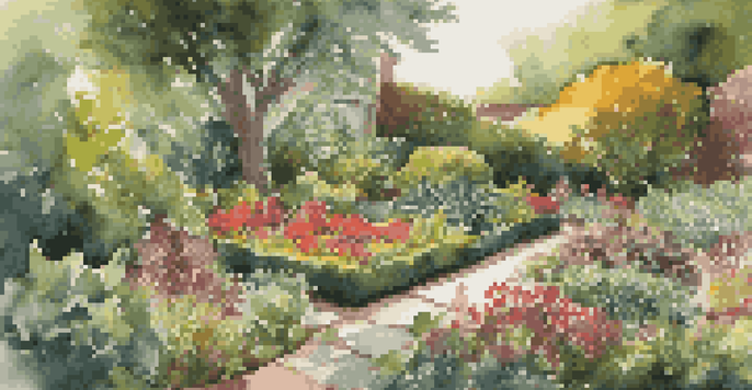 A vibrant garden with healthy plants, colorful flowers, and dark soil, illuminated by sunlight filtering through the leaves. A gardener is tending to the plants in the background.