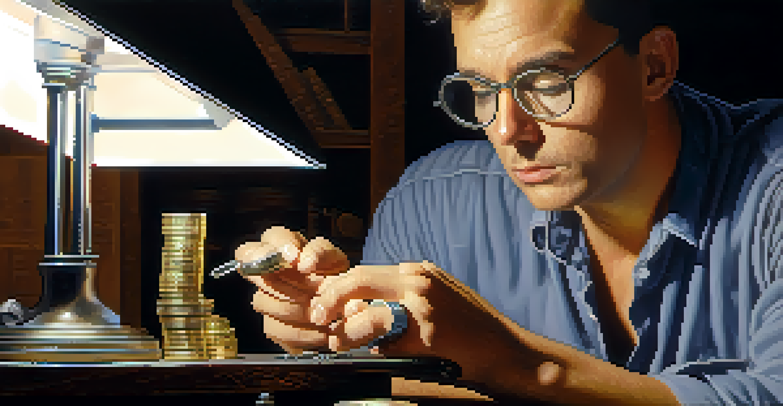 A numismatic expert using a loupe to examine a coin, with tools visible in the background.
