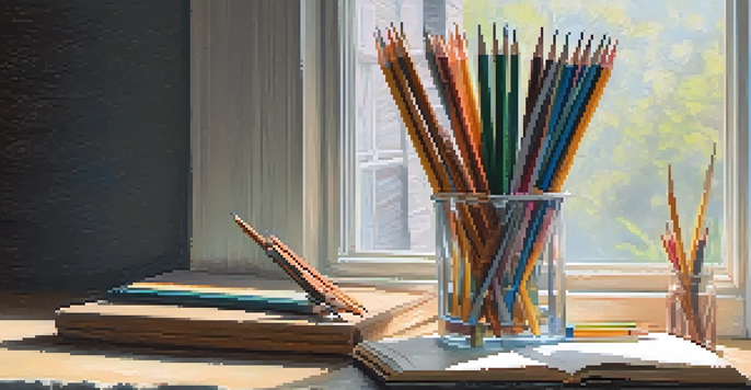 A still life with a variety of pencils and a sketchbook on a wooden table, illuminated by soft natural light.