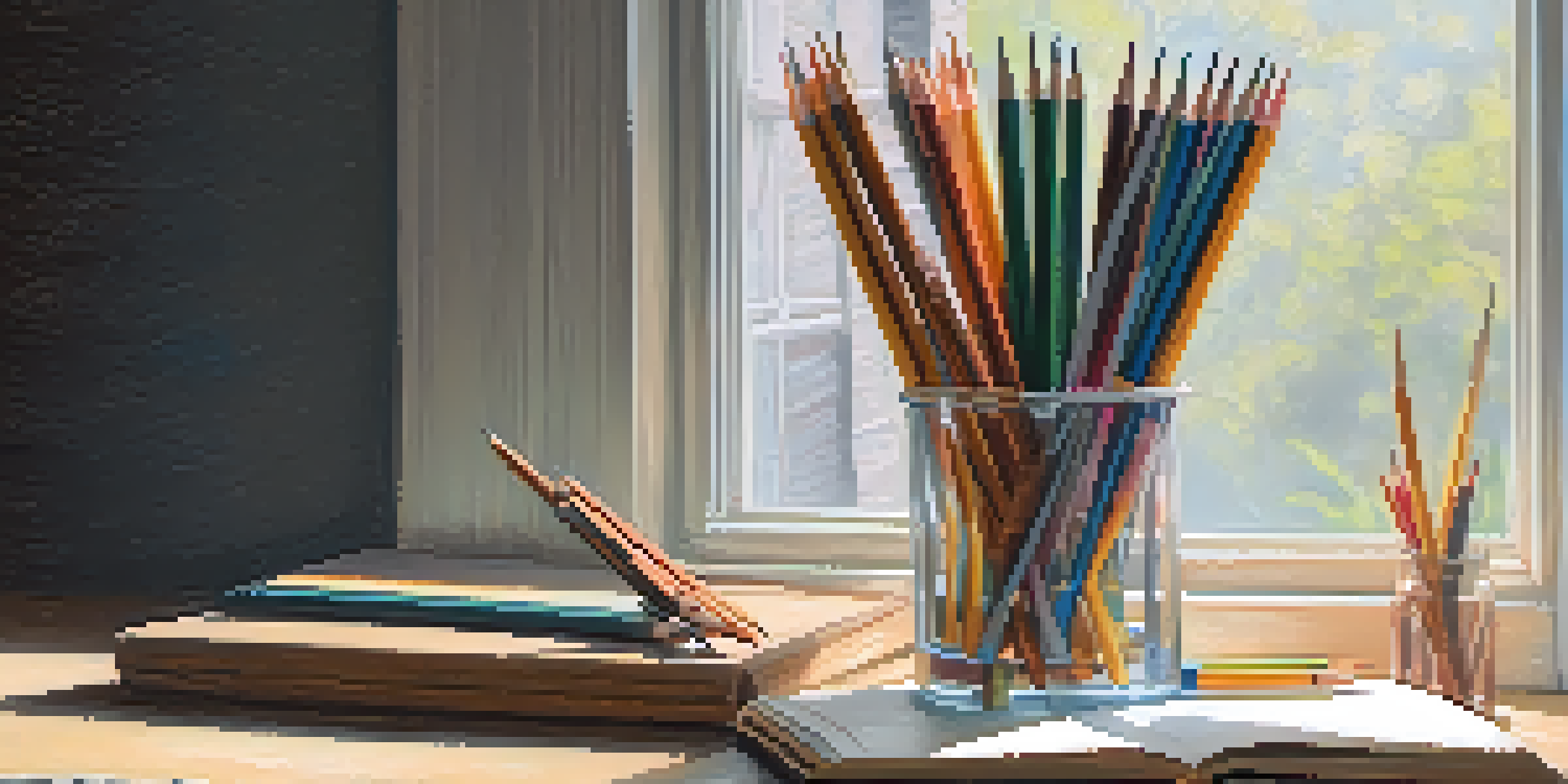 A still life with a variety of pencils and a sketchbook on a wooden table, illuminated by soft natural light.