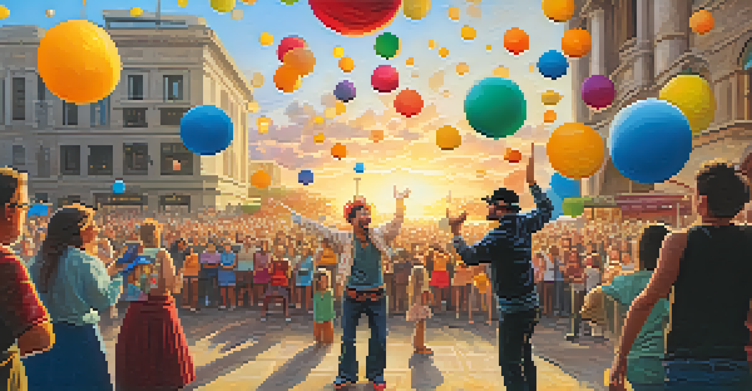 A street performer juggling in a plaza, surrounded by an amazed audience at sunset.
