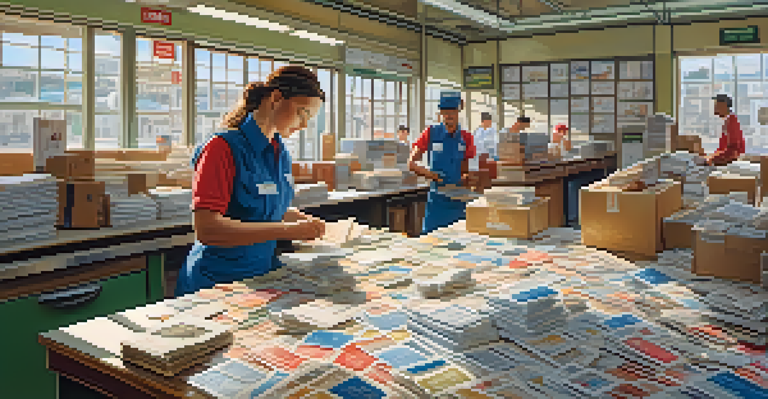 A postal worker sorting letters and stamps in a busy post office, with light streaming through large windows.