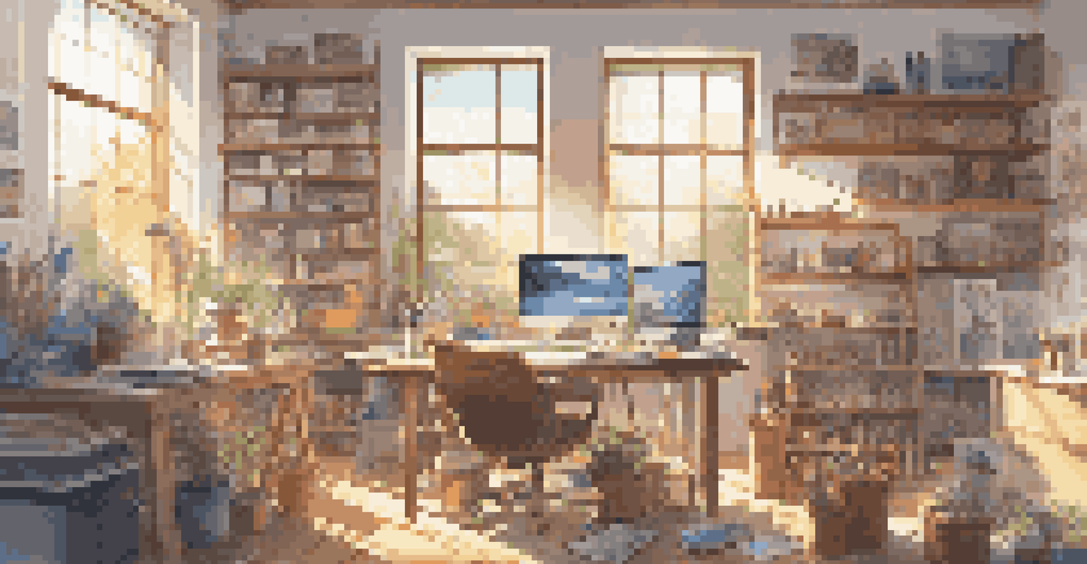 A bright and inspiring digital art studio with artworks and a workspace.
