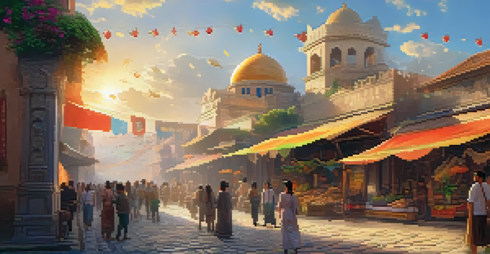 A lively virtual reality scene featuring an ancient city with detailed buildings and people engaging with holographic displays.