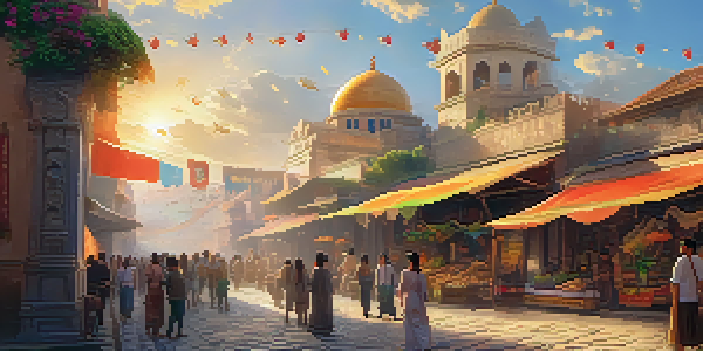 A lively virtual reality scene featuring an ancient city with detailed buildings and people engaging with holographic displays.