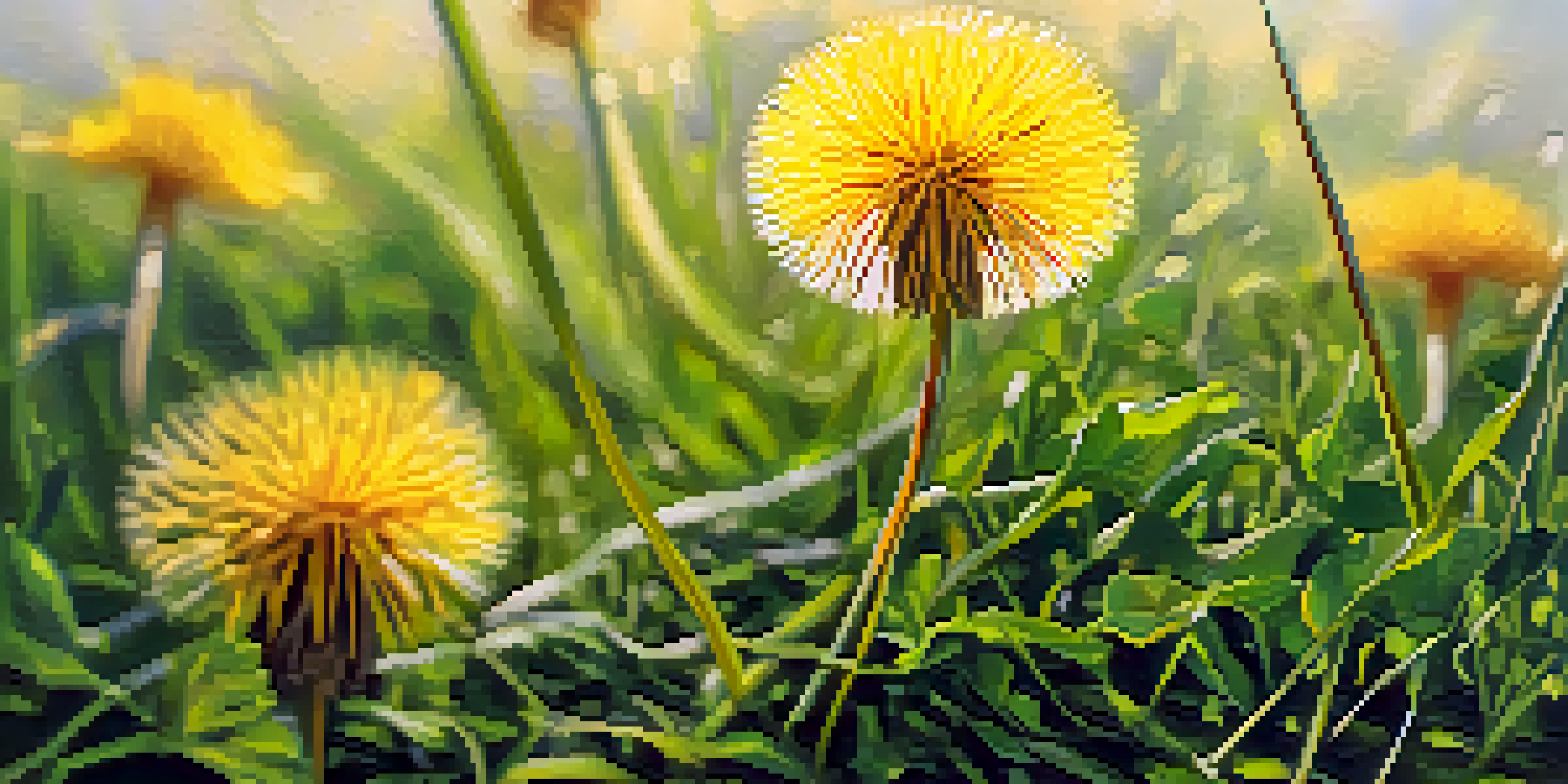 Close-up of a dandelion with bright yellow flowers and green leaves in a sunny meadow.