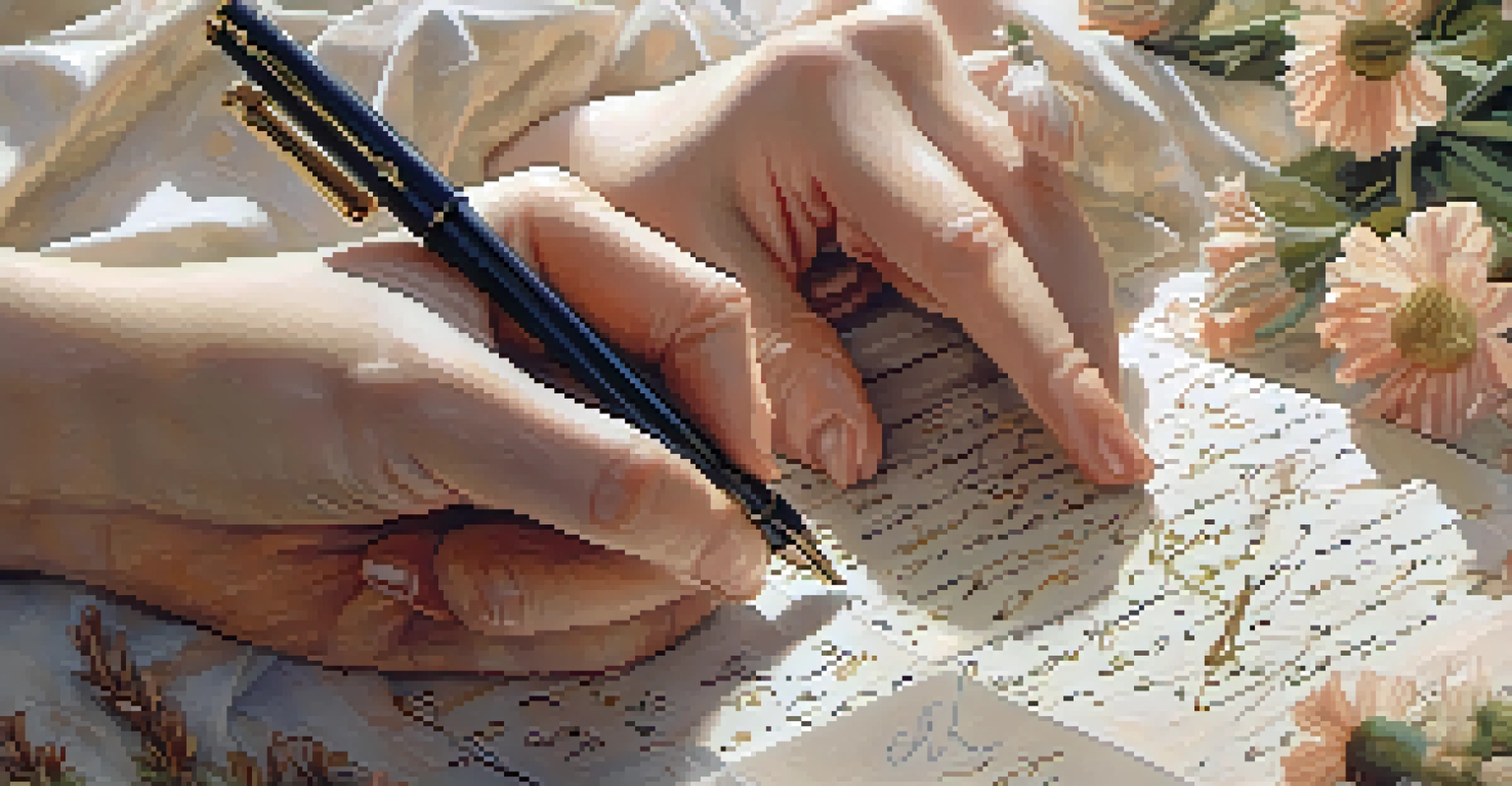 Close-up of hands writing on a decorated letter with dried flowers and soft fabric around, emphasizing a personal touch.
