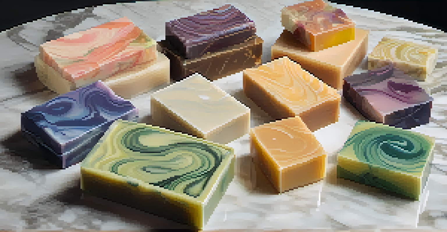 A collection of beautifully crafted handmade soaps with colorful swirls and embedded botanicals, displayed on a marble countertop.