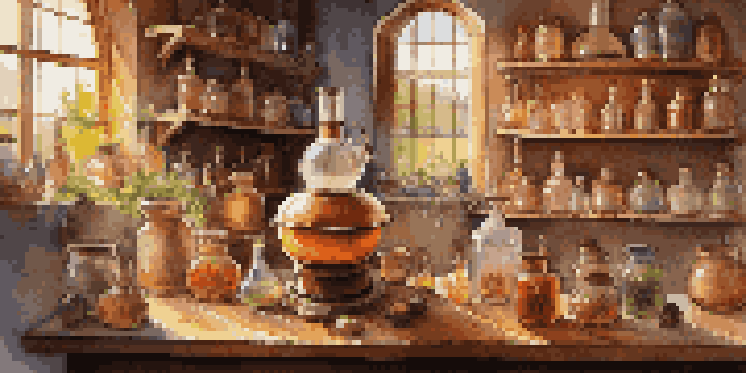 A distillation setup featuring a traditional pot still with grains and fruits, warmly lit with sunlight filtering through a window.