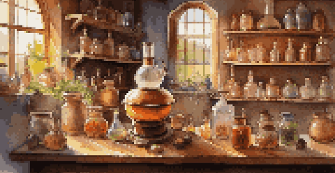 A distillation setup featuring a traditional pot still with grains and fruits, warmly lit with sunlight filtering through a window.