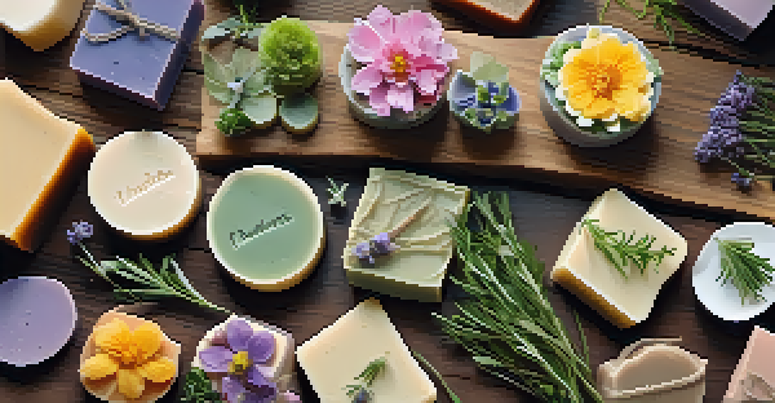 A display of colorful handmade natural soaps on a wooden board, surrounded by fresh herbs and flowers.