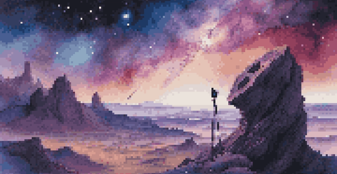 A telescope on a rocky outcrop looking at a colorful nebula and distant planets in a starry sky.