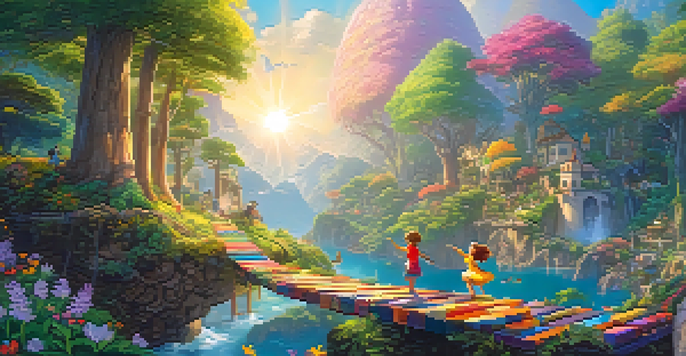 Two animated characters collaborating in a colorful, whimsical landscape filled with puzzles and floating platforms.