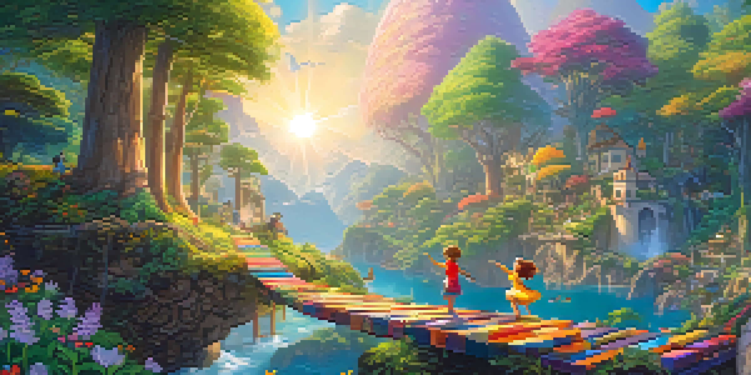 Two animated characters collaborating in a colorful, whimsical landscape filled with puzzles and floating platforms.