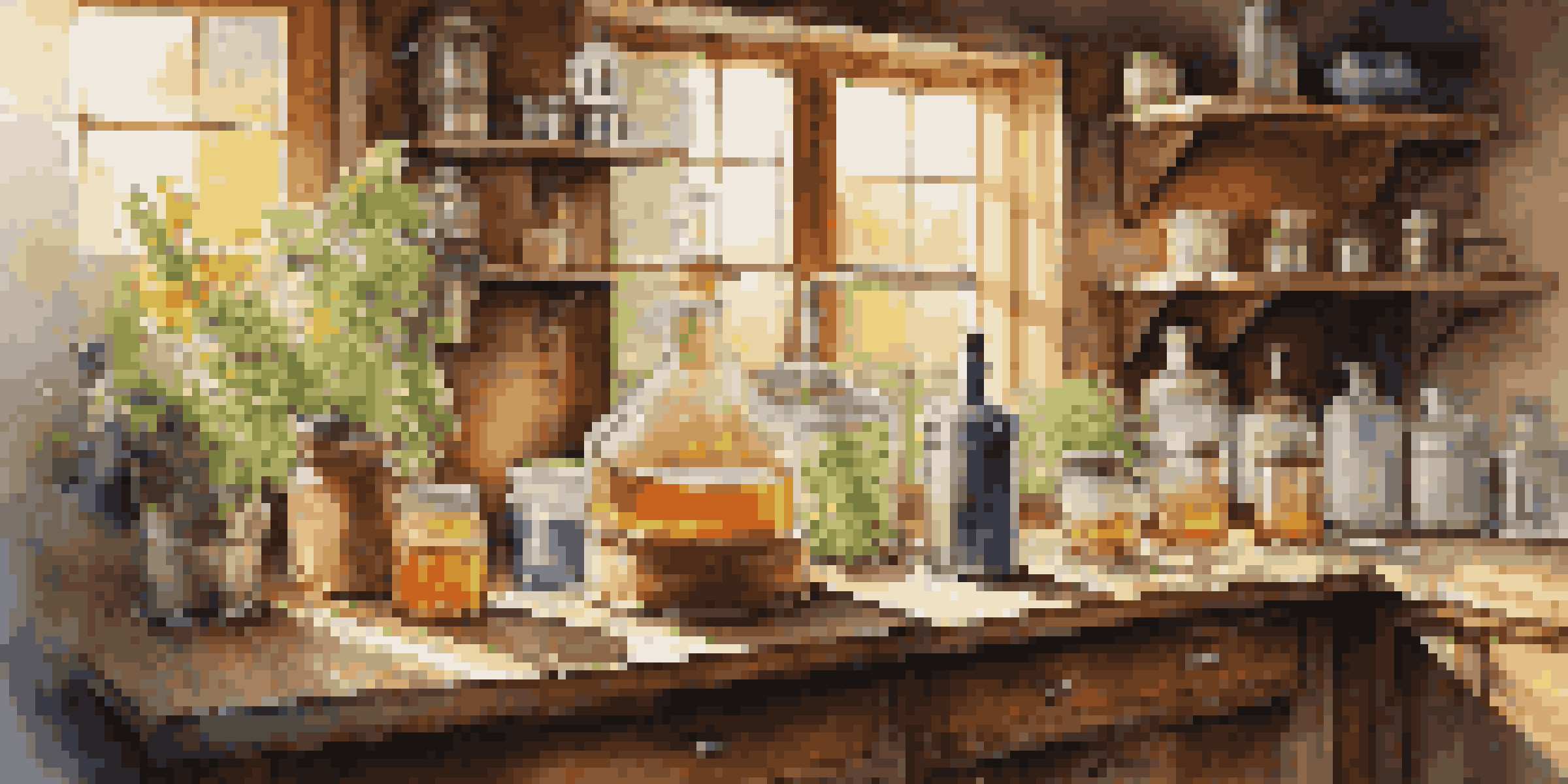 A rustic kitchen with a stainless steel still, herbs, and fruits, illuminated by warm sunlight.