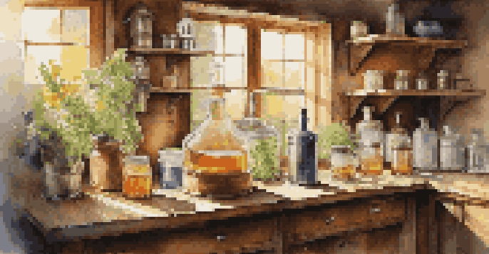 A rustic kitchen with a stainless steel still, herbs, and fruits, illuminated by warm sunlight.