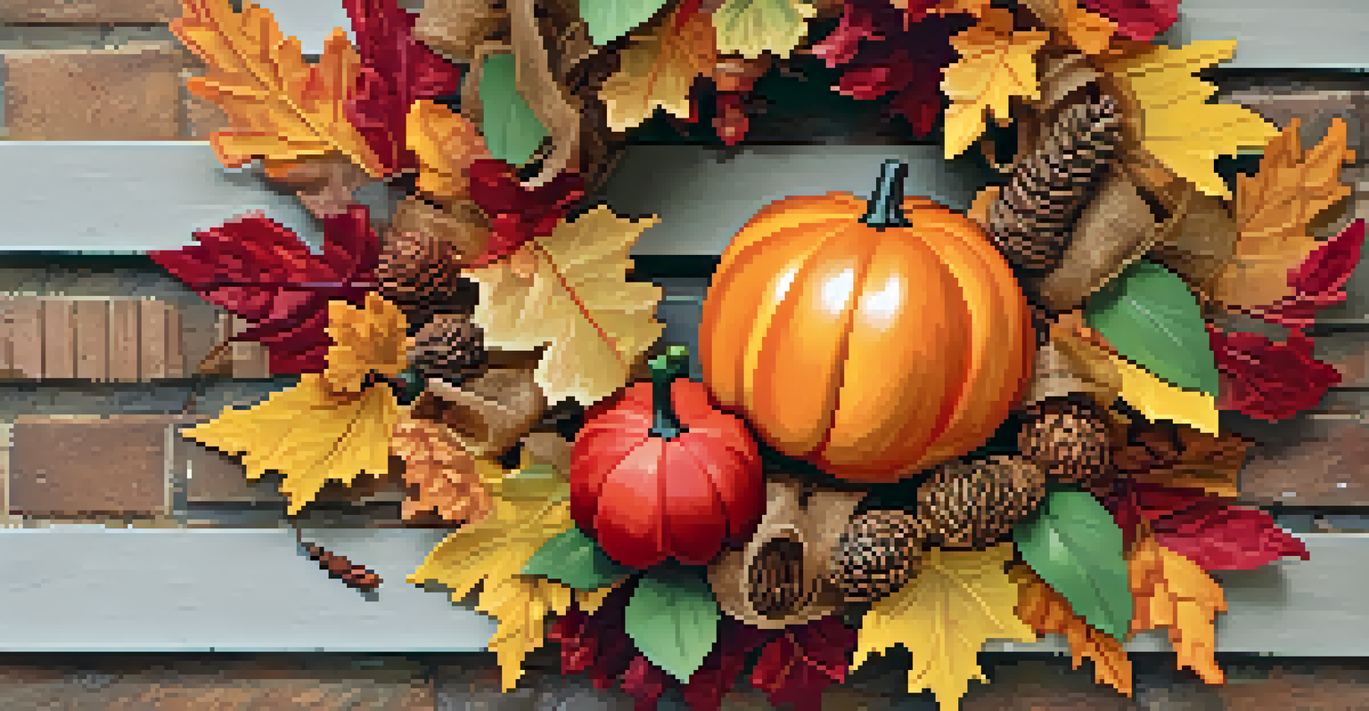 A warm autumn wreath made of leaves and pumpkins on a brick wall, featuring a burlap bow and a 'Welcome Fall' sign.