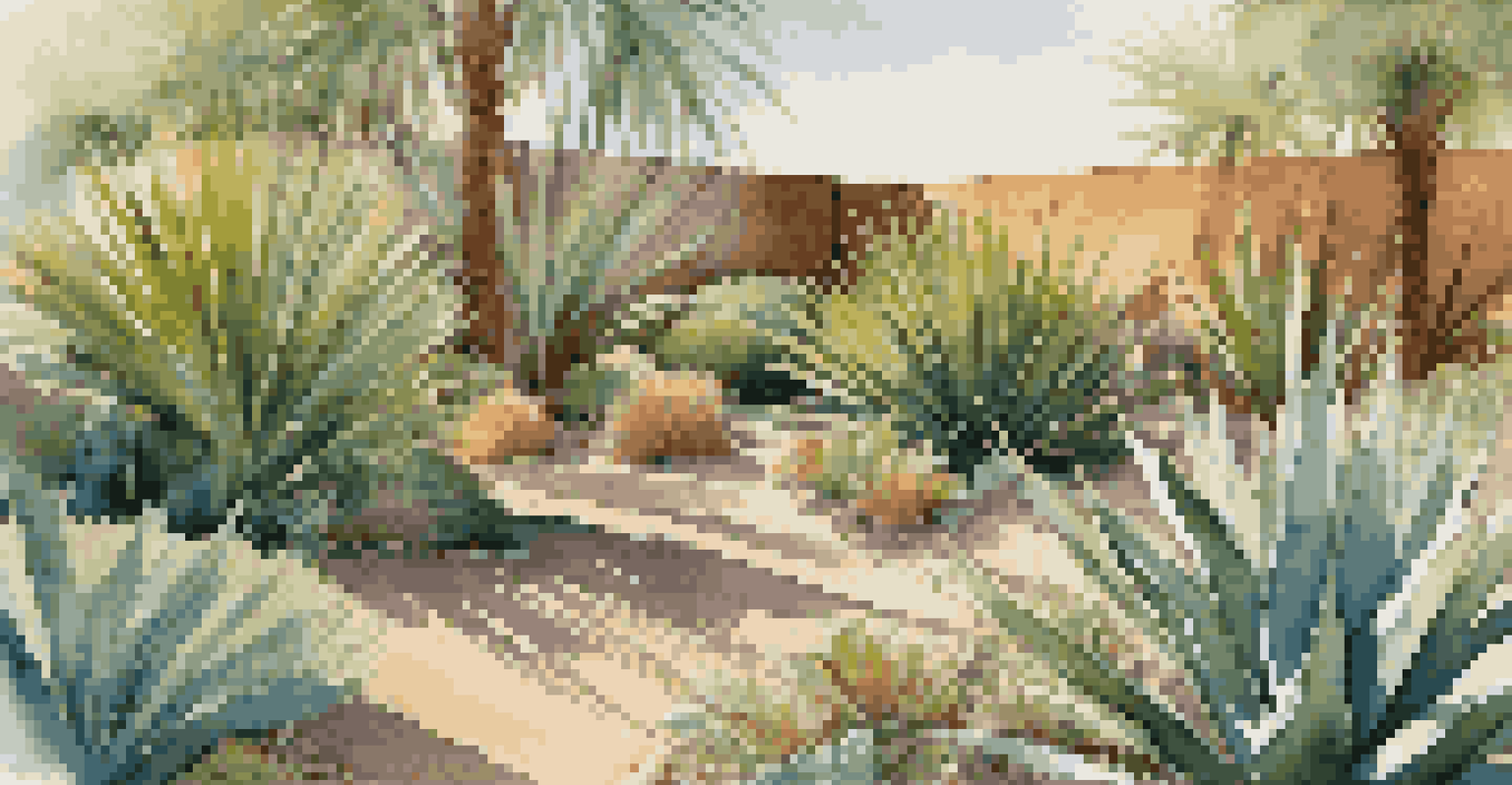 Close-up of a drought-resistant garden with agave and yucca plants, showing textures and shadows created by the sunlight.