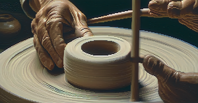 Close-up of a potter's hands molding clay on a wheel, with warm lighting and visible textures.
