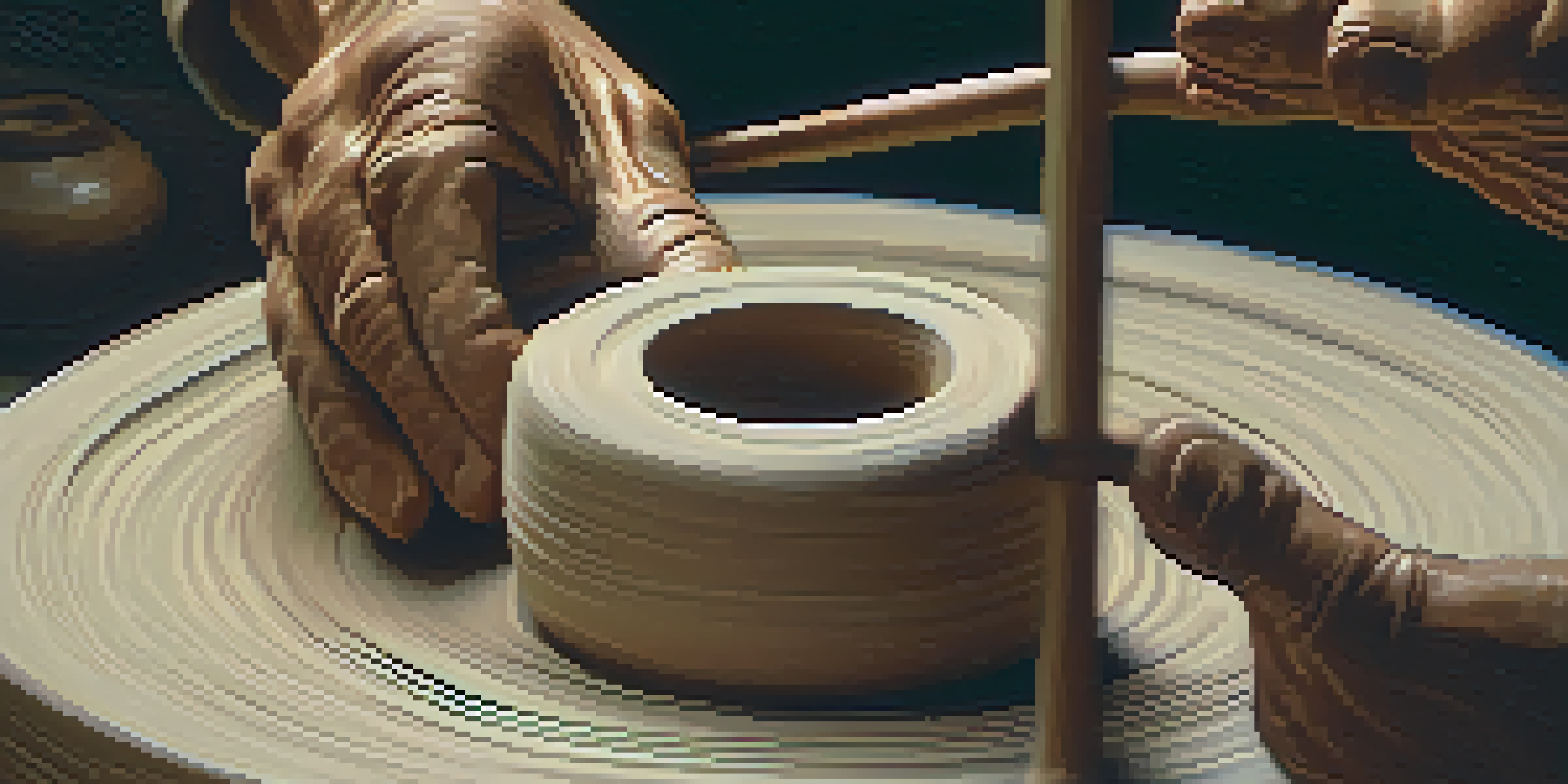 Close-up of a potter's hands molding clay on a wheel, with warm lighting and visible textures.