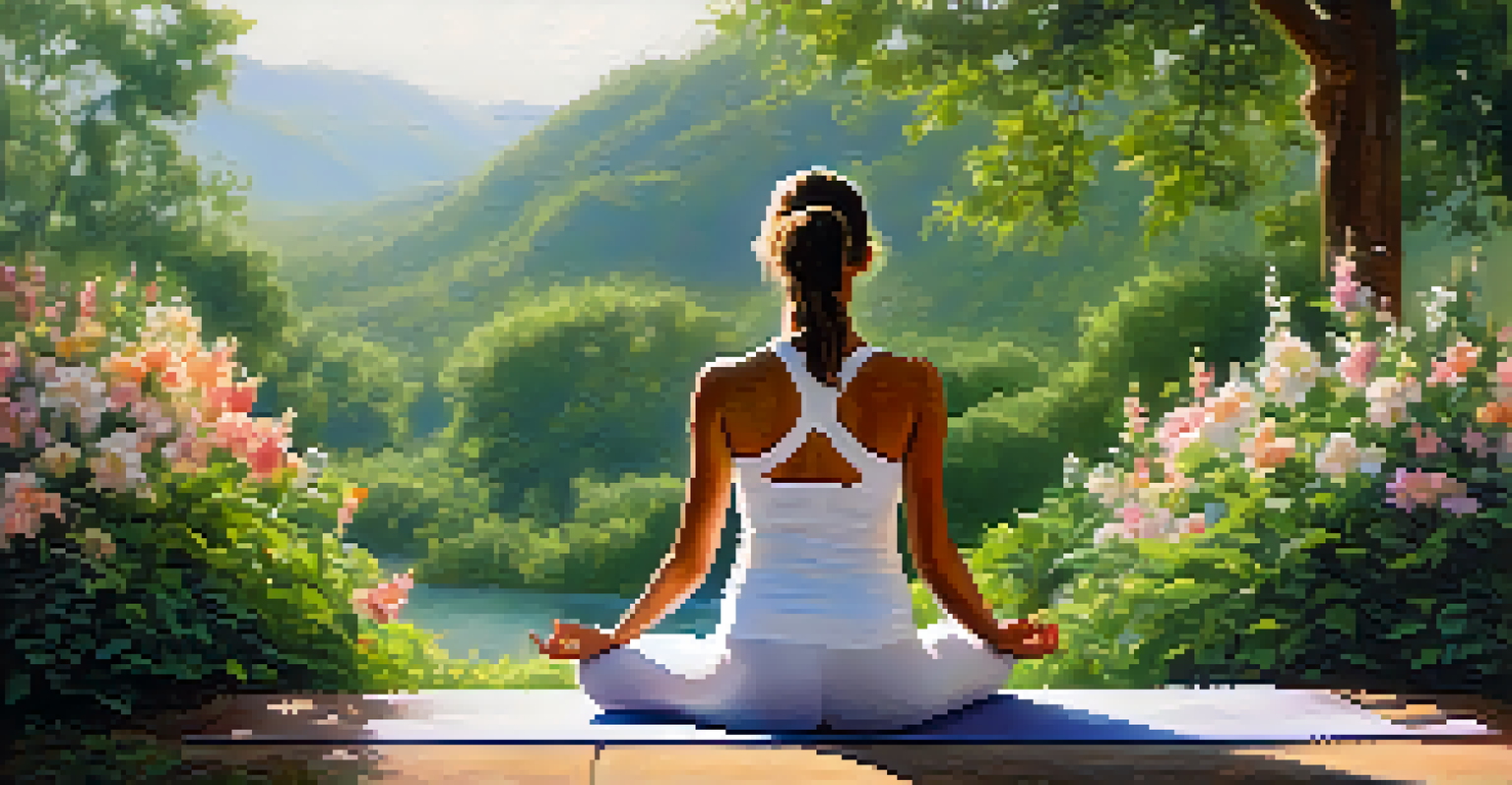 A person performing a yoga pose outdoors surrounded by greenery and flowers, radiating tranquility.