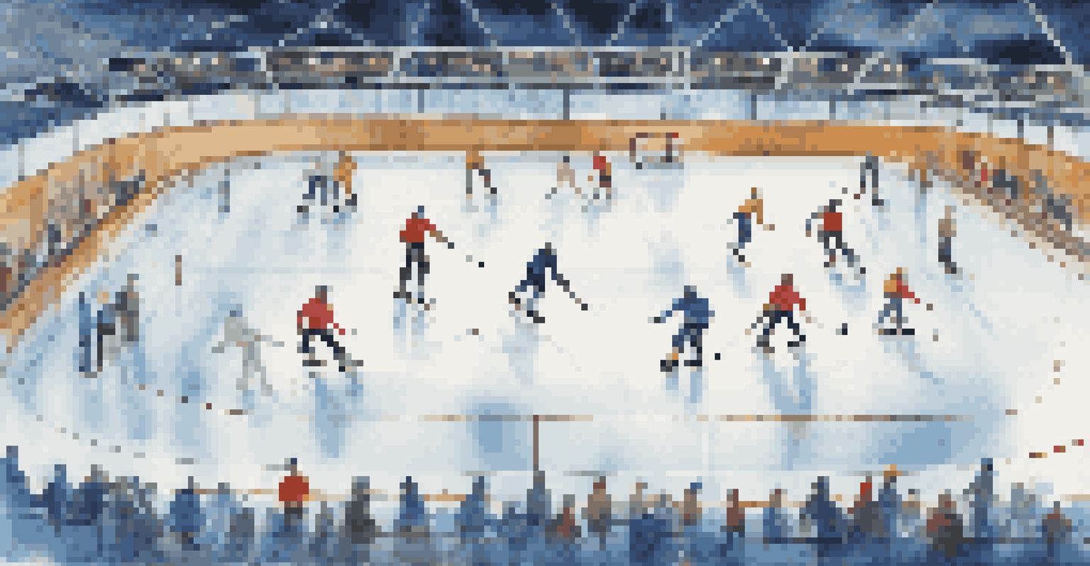 Aerial view of an ice rink with skaters practicing their techniques, showcasing push-offs and turns.