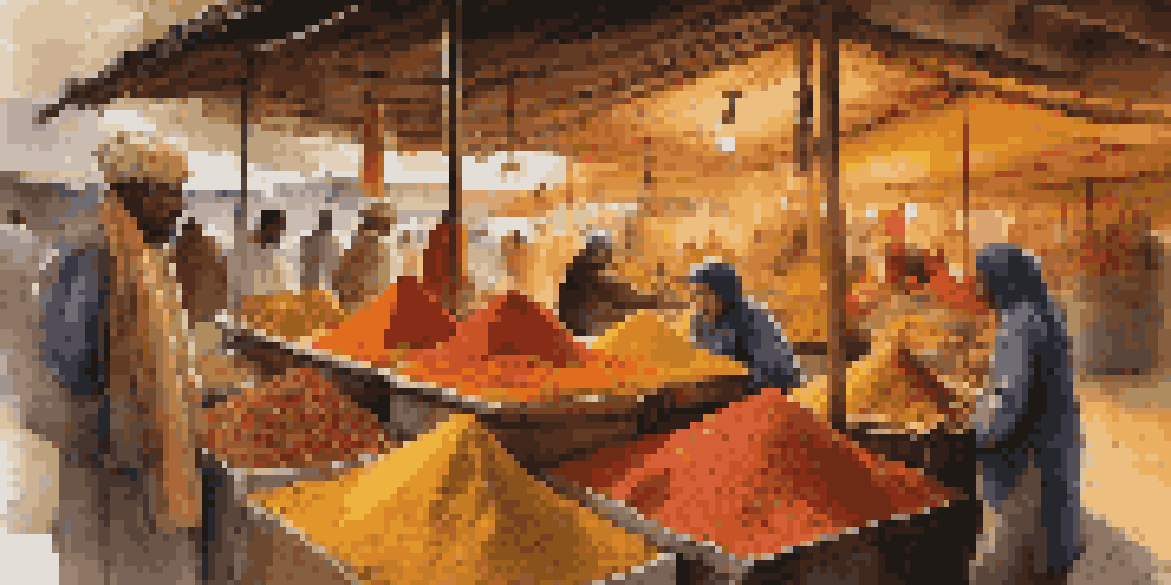 A bustling spice market filled with colorful spices displayed in open sacks, with warm lighting and merchants interacting with customers.