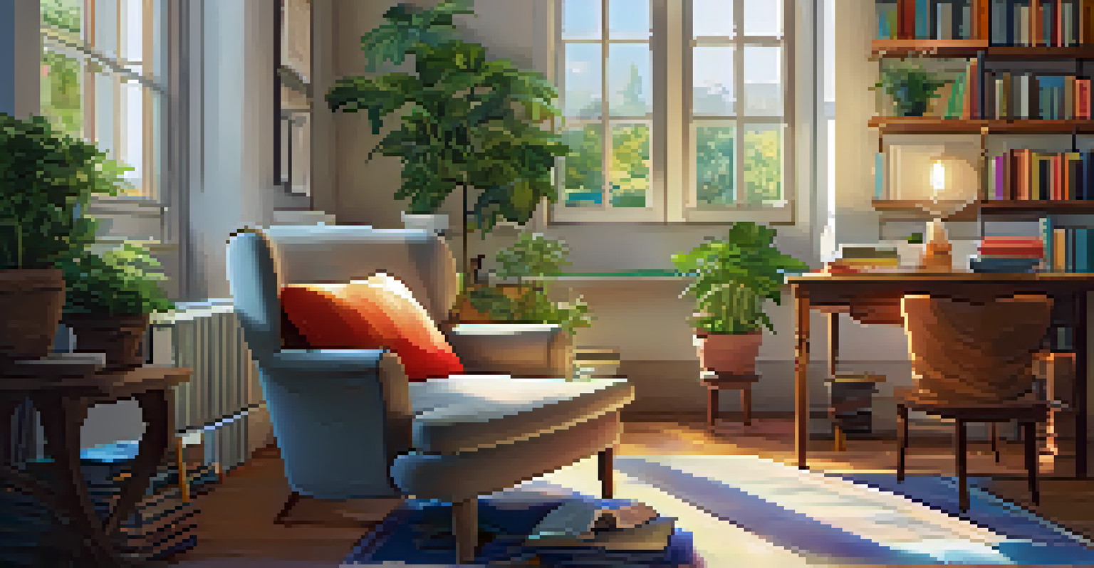A warm reading nook with sunlight, an armchair, and a bookshelf filled with books.