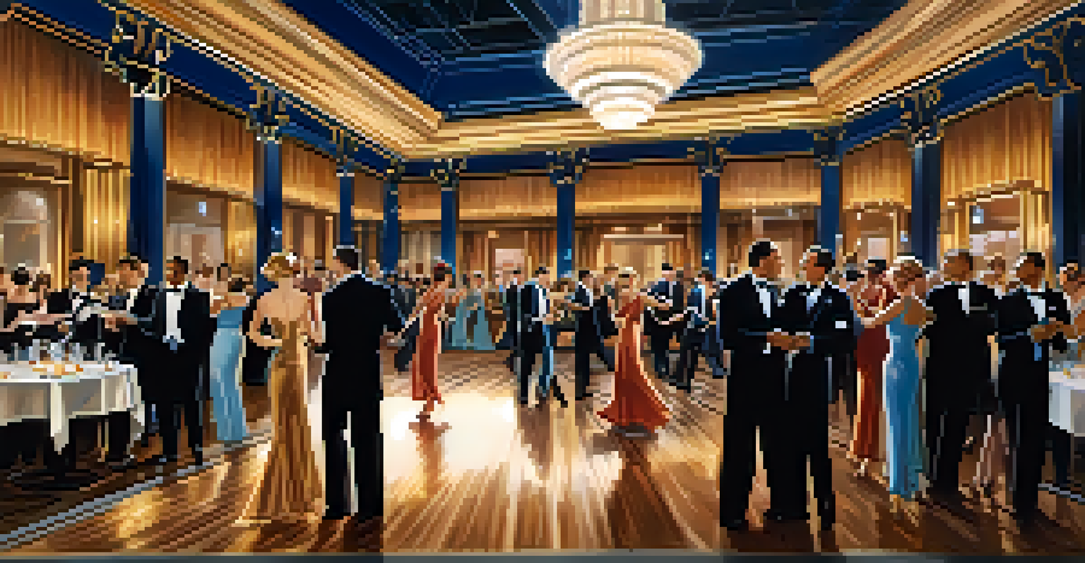 A roaring twenties ballroom with elegantly dressed people dancing under chandeliers, featuring art deco designs and a jazz band.