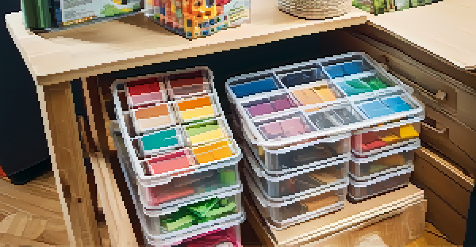 A wooden table displaying DIY storage solutions for jigsaw puzzles, including labeled shoe boxes and clear containers filled with pieces.