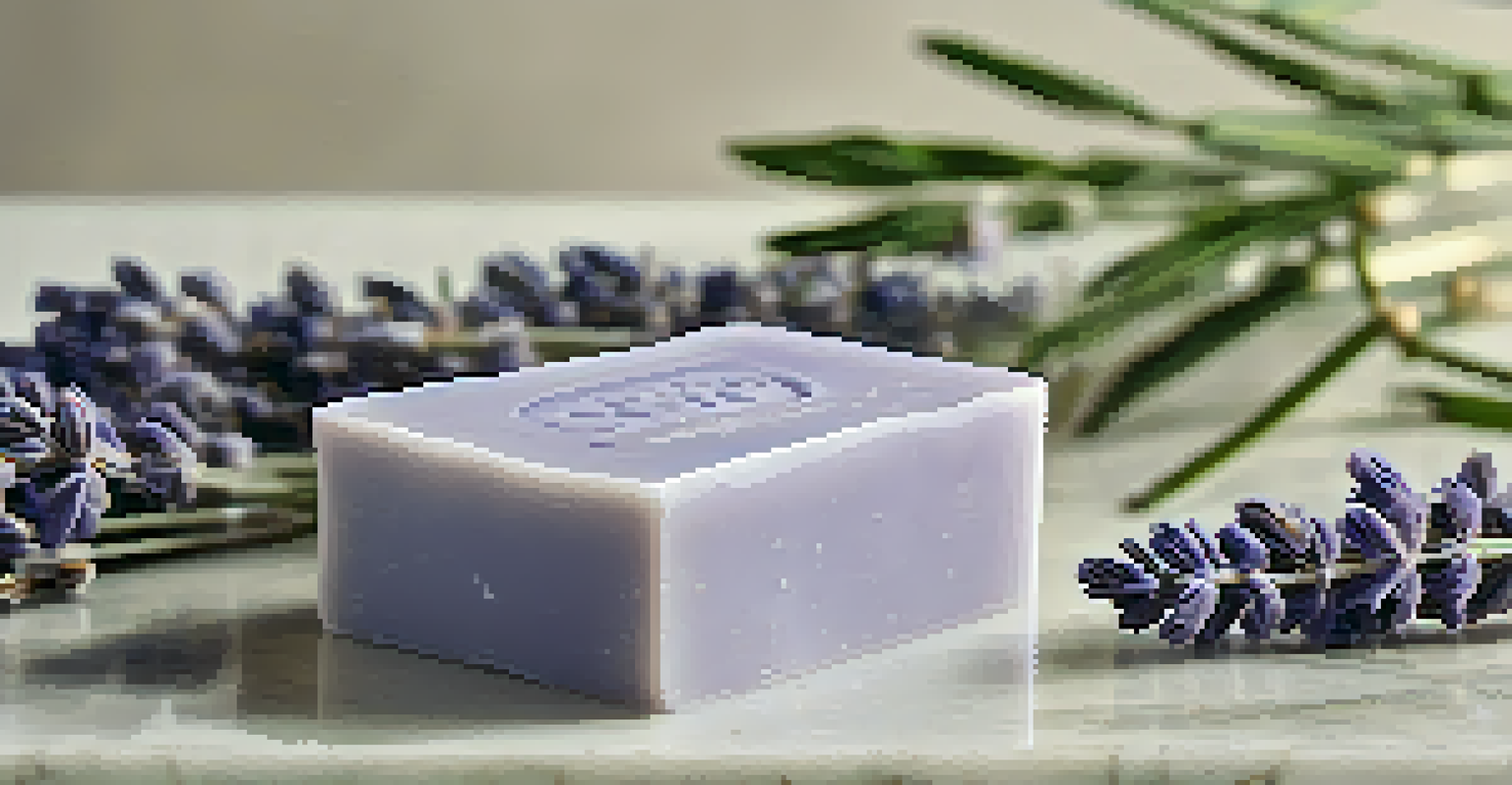 An elegant bar of custom soap on a marble countertop, decorated with lavender and sea salt.