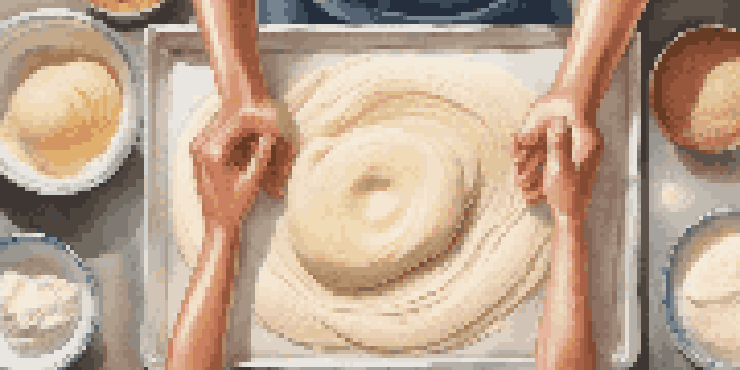 Overhead view of hands kneading dough on a floured surface, with baking tools and ingredients surrounding it.