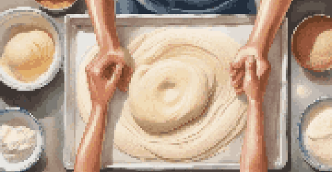 Overhead view of hands kneading dough on a floured surface, with baking tools and ingredients surrounding it.