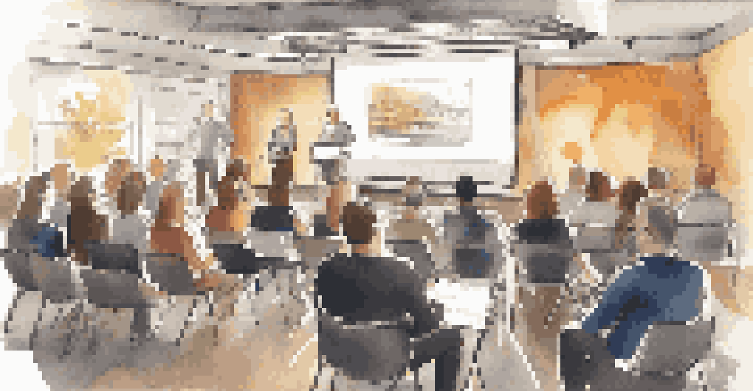 A workshop at a travel blogging conference featuring an expert speaker and an engaged audience taking notes.