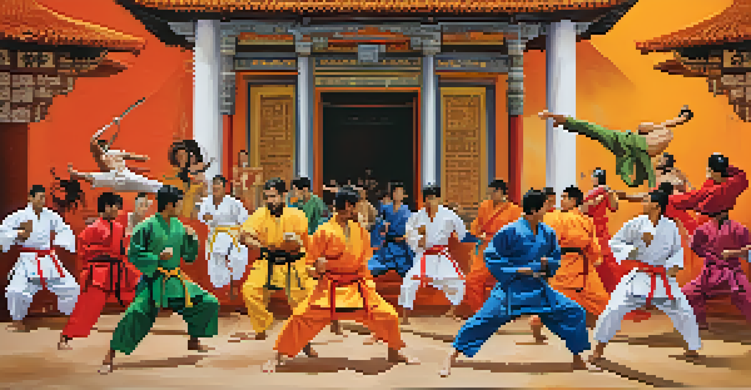 A diverse group of martial artists in traditional outfits practicing different styles against various culturally significant backgrounds.