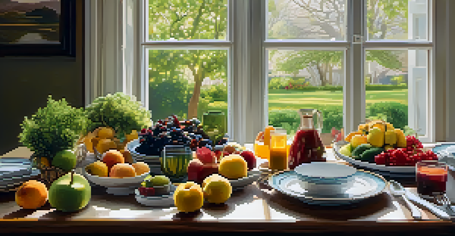 An inviting dining table set with vibrant seasonal fruits and vegetables, illuminated by soft natural light.