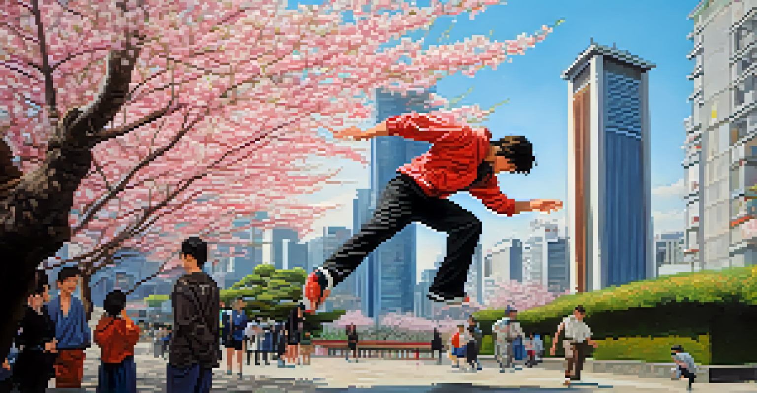 A parkour athlete vaulting over a traditional temple in Tokyo, surrounded by modern skyscrapers and cherry blossoms.