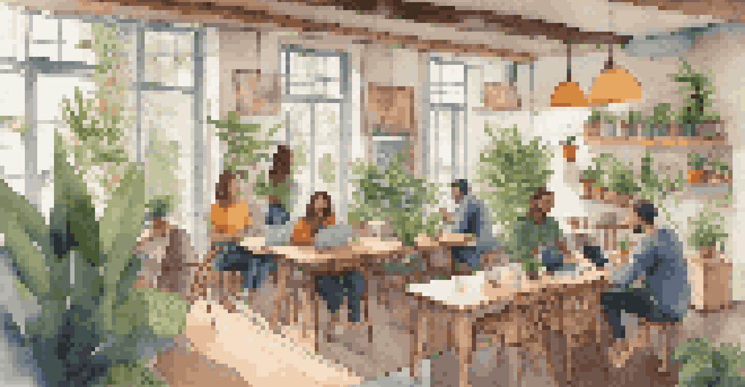 A vibrant hostel interior with guests socializing and working in a cozy environment.