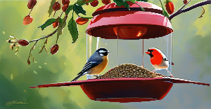 A colorful bird feeder filled with seeds, surrounded by sunlight and small birds.