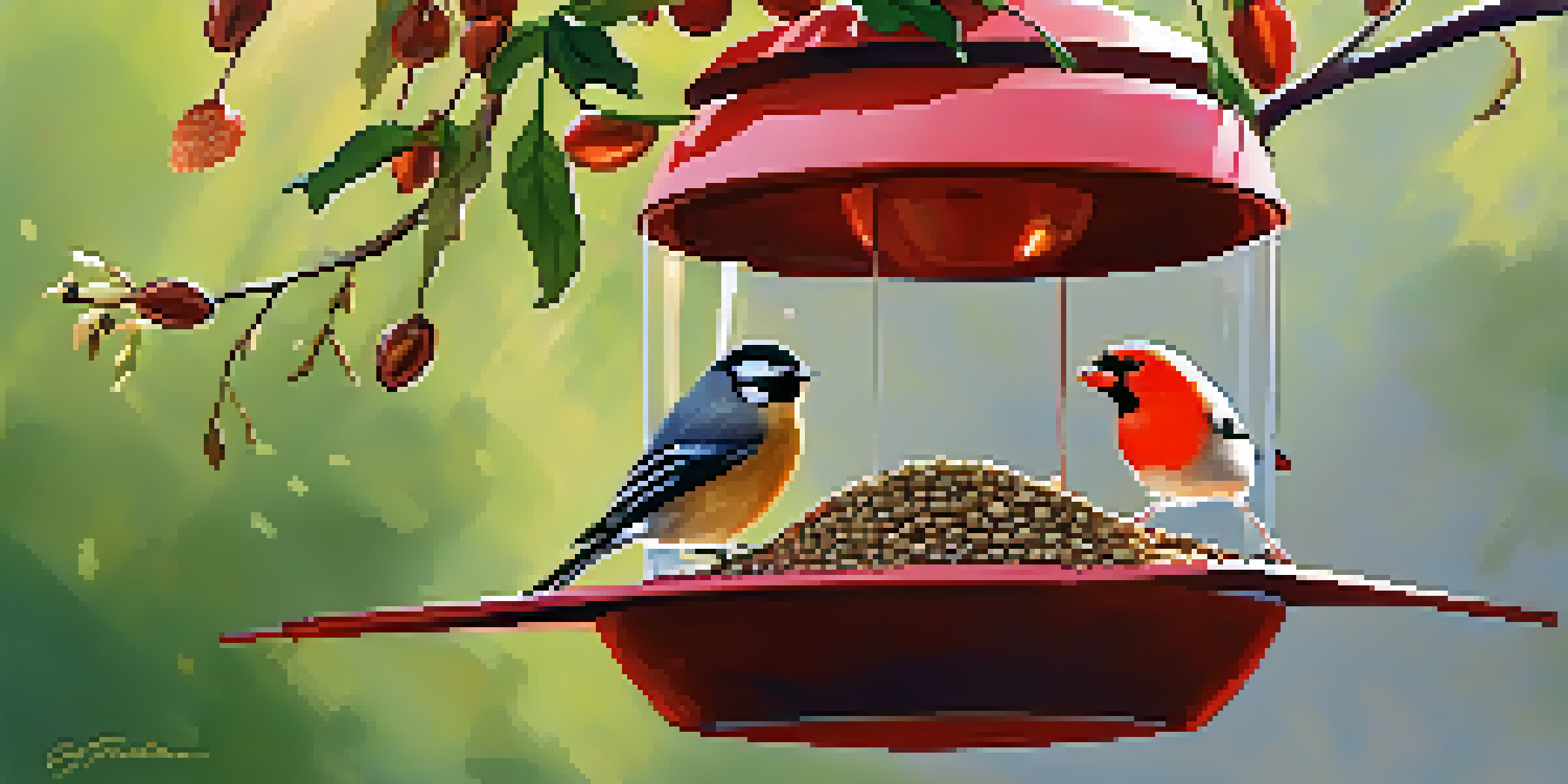 A colorful bird feeder filled with seeds, surrounded by sunlight and small birds.