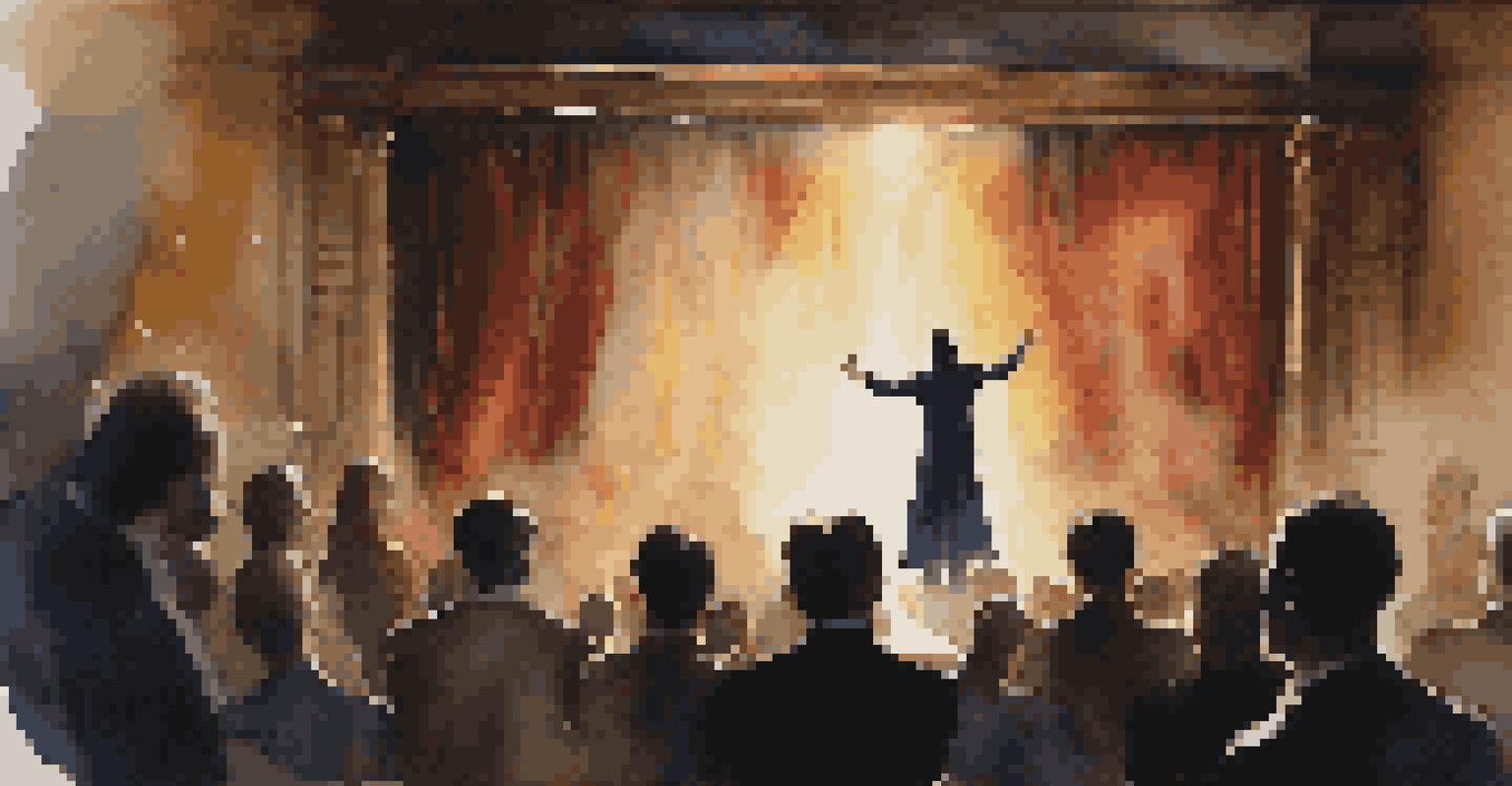 A magician performing on stage with dramatic lighting and a captivated audience in the background.