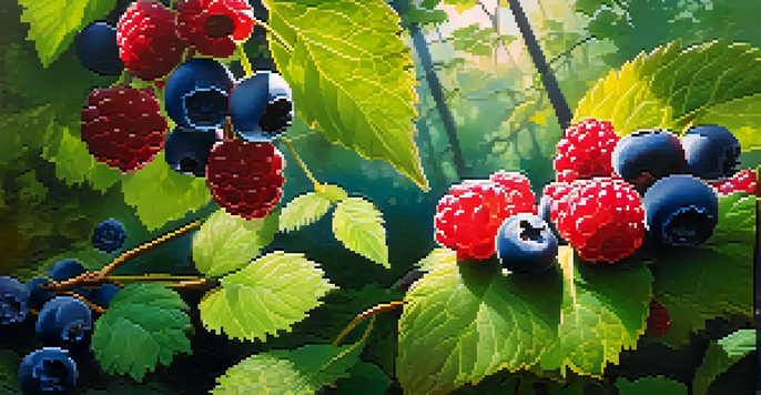 A peaceful forest with wild berries in the morning light, highlighting raspberries, blueberries, and blackberries among green foliage.