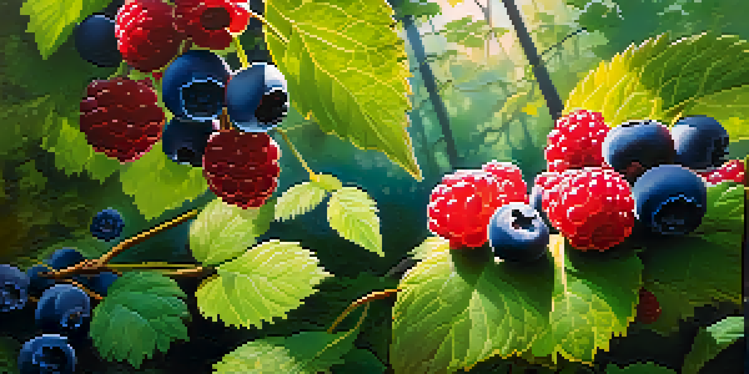 A peaceful forest with wild berries in the morning light, highlighting raspberries, blueberries, and blackberries among green foliage.