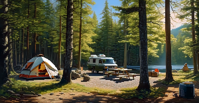A tranquil forest campsite with sunlight filtering through trees, showcasing a small campfire and camping gear arranged on a picnic table.