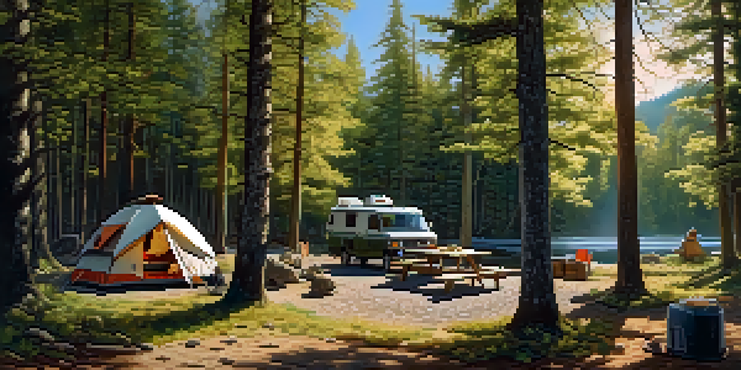 A tranquil forest campsite with sunlight filtering through trees, showcasing a small campfire and camping gear arranged on a picnic table.