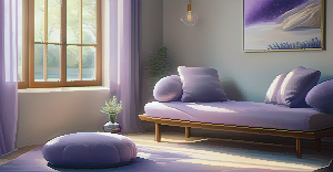 A peaceful meditation space with cushions, crystals, and soft lighting, creating a calming atmosphere.