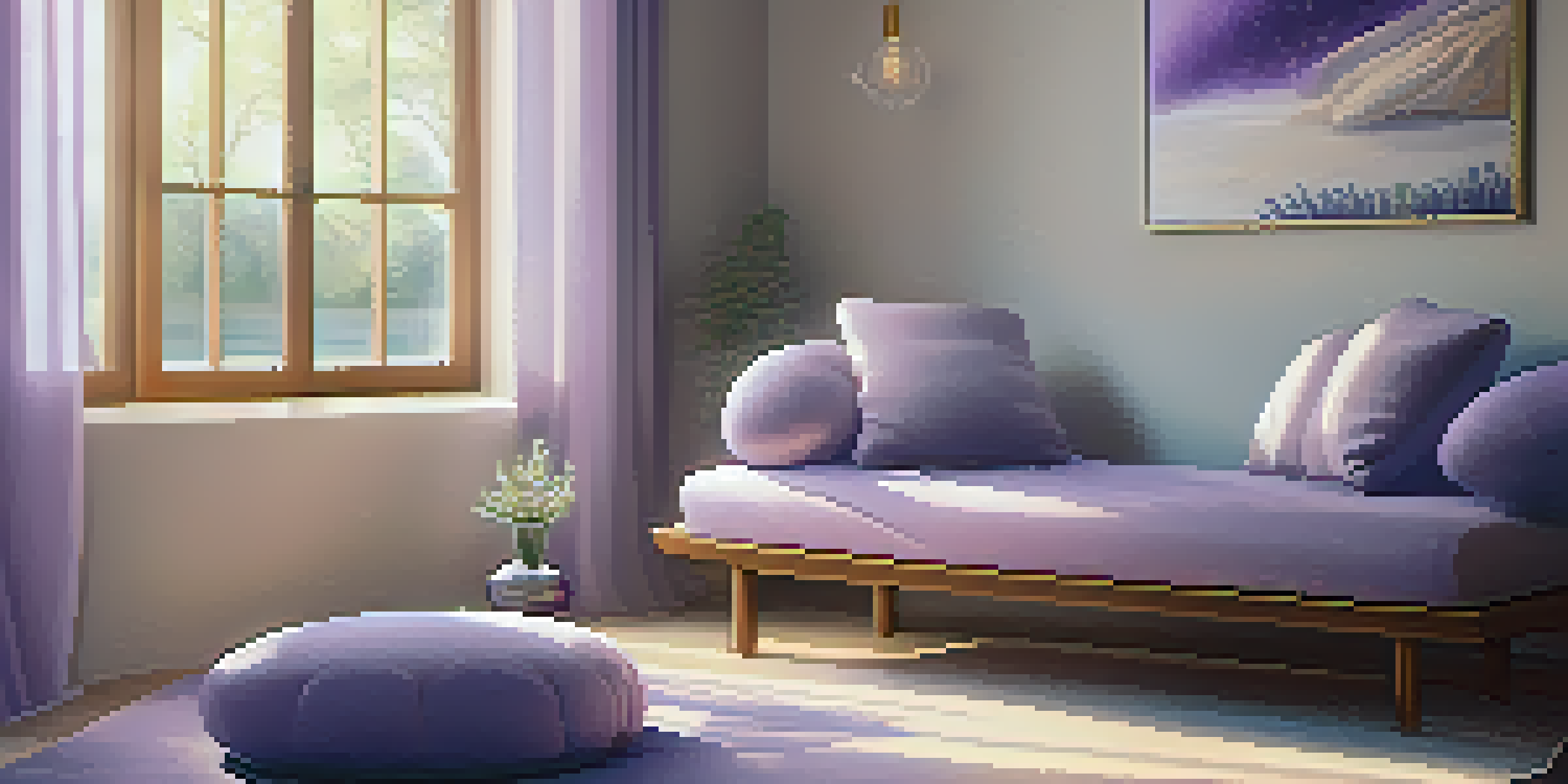 A peaceful meditation space with cushions, crystals, and soft lighting, creating a calming atmosphere.