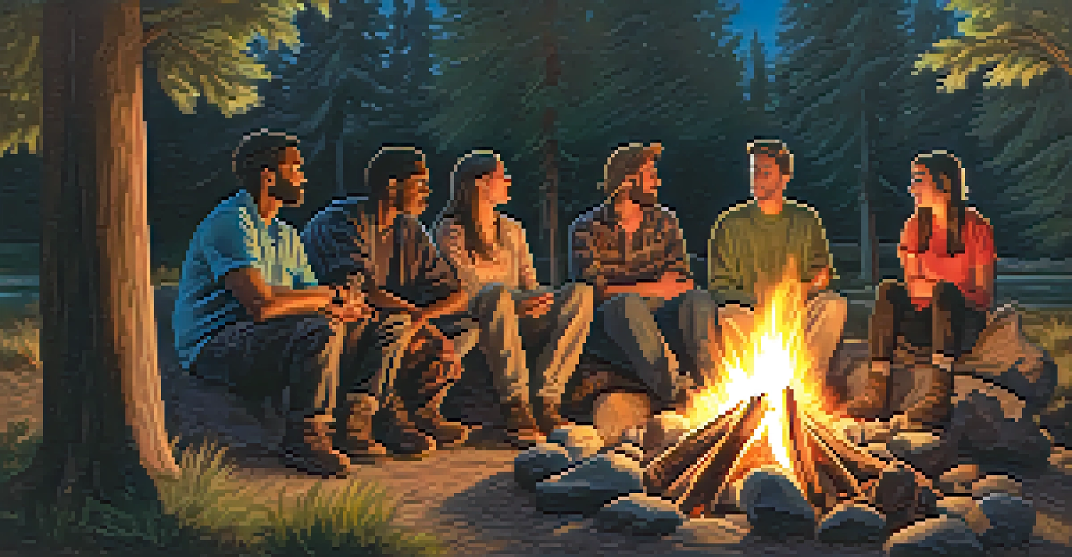 A diverse group of people sitting around a campfire at dusk, sharing stories, with a starry sky above and trees surrounding the scene.