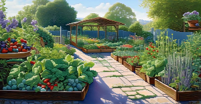 A colorful garden filled with strawberries, blueberries, and herbs, with raised beds and trellises, illuminated by morning light.